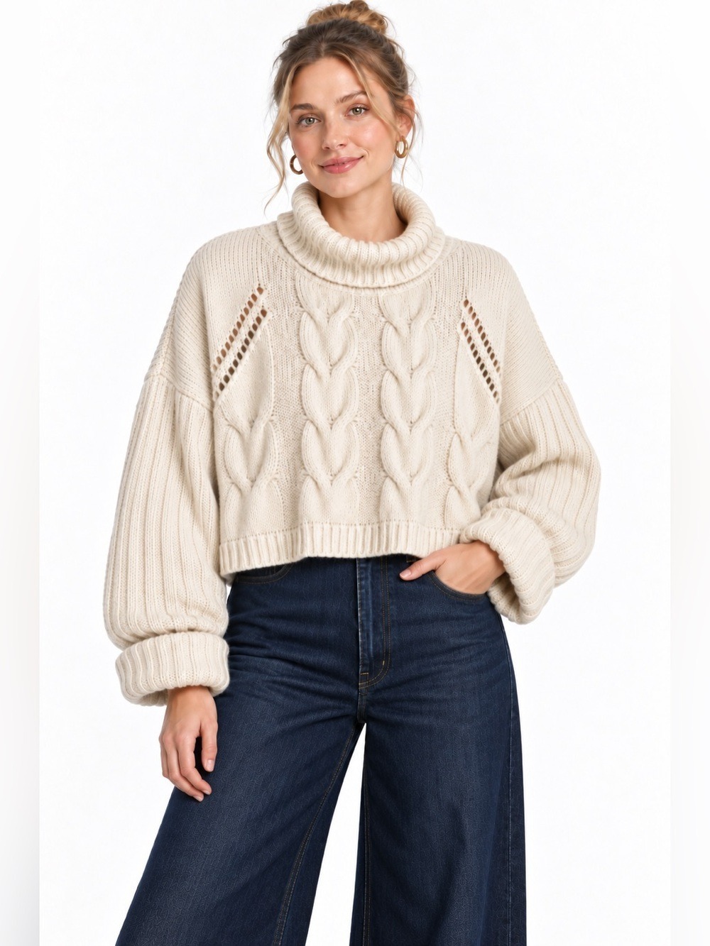 Moon & Madison Boxy Cropped Cable Knit Funnel Neck Cream Sweater. Size XL